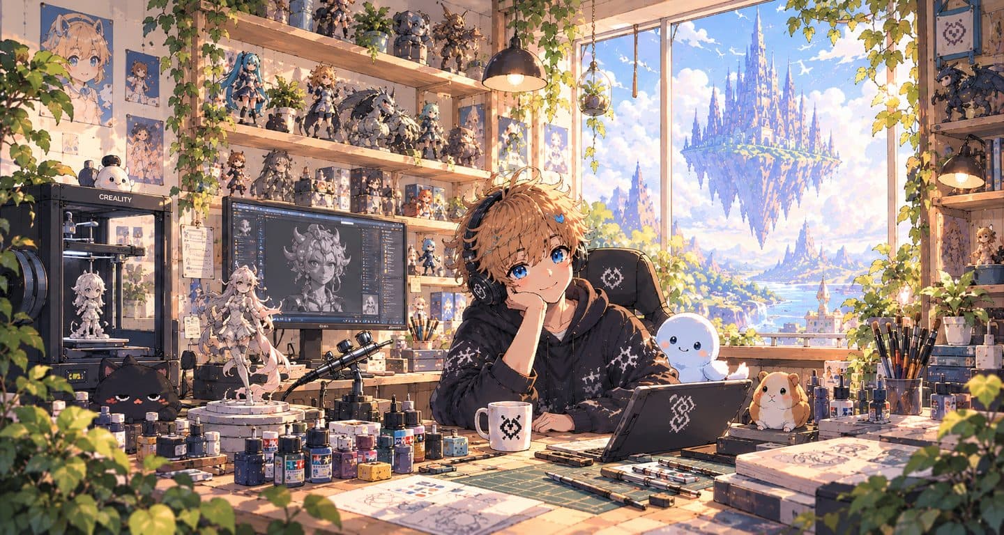 Иллюстрация мастерской REVENS 3D STUDIO: художник за рабочим столом с 3D-фигурками, красками и скульптурными инструментами